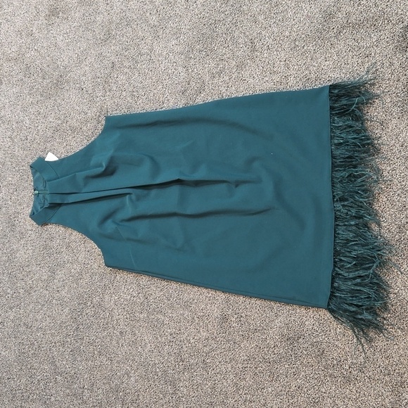 NEW Aidan Mattox Feather Trimmed Crepe cocktail Trapeze halter forest Dress sz 6 - Picture 2 of 11